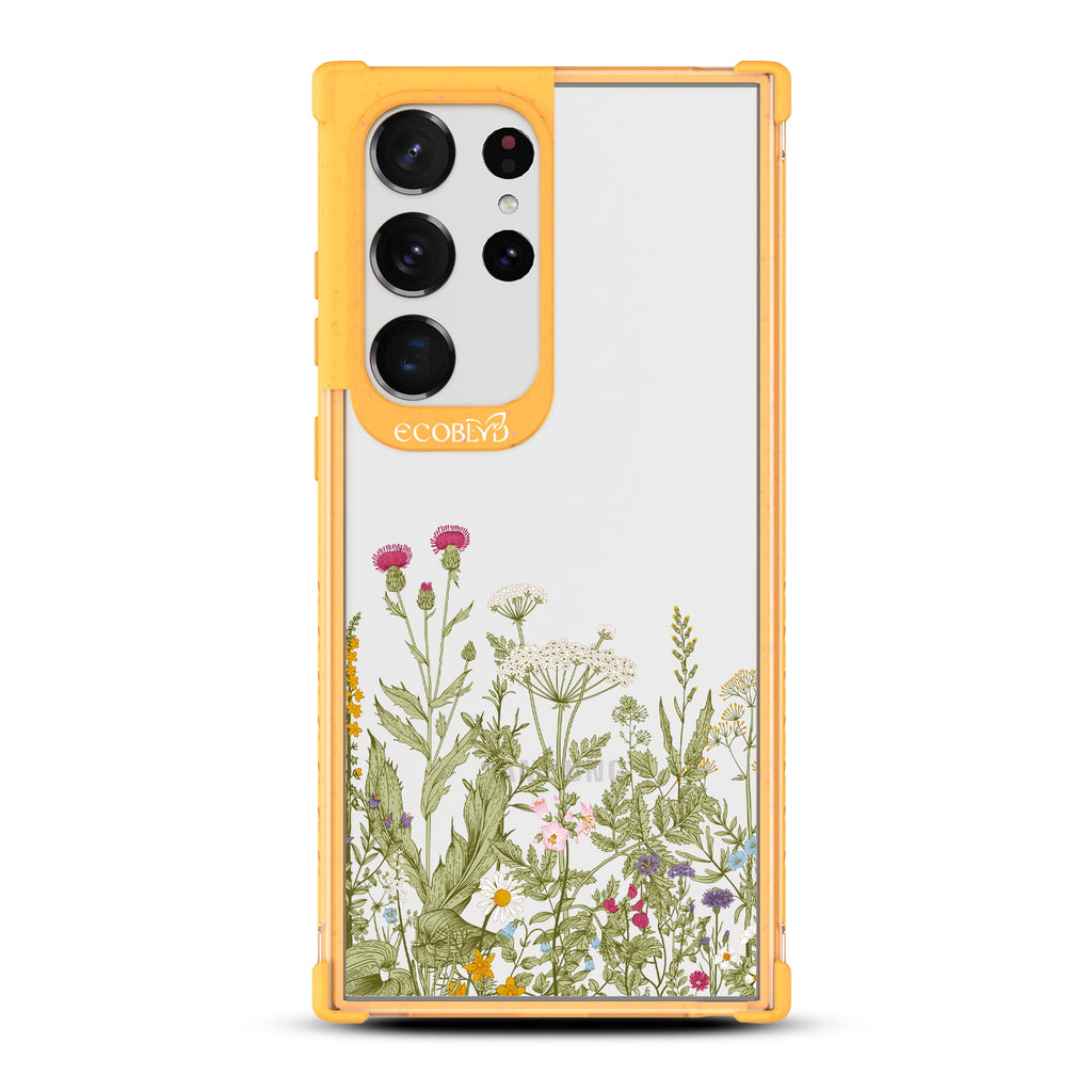 Take Root - Yellow Eco-Friendly Galaxy S23 Ultra Case With A Wild Herbs & Flowers Botanical Herbarium On A Clear Back