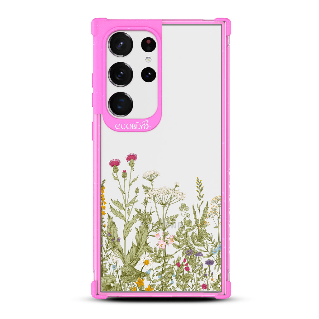 Take Root - Pink Eco-Friendly Galaxy S23 Ultra Case With A Wild Herbs & Flowers Botanical Herbarium On A Clear Back