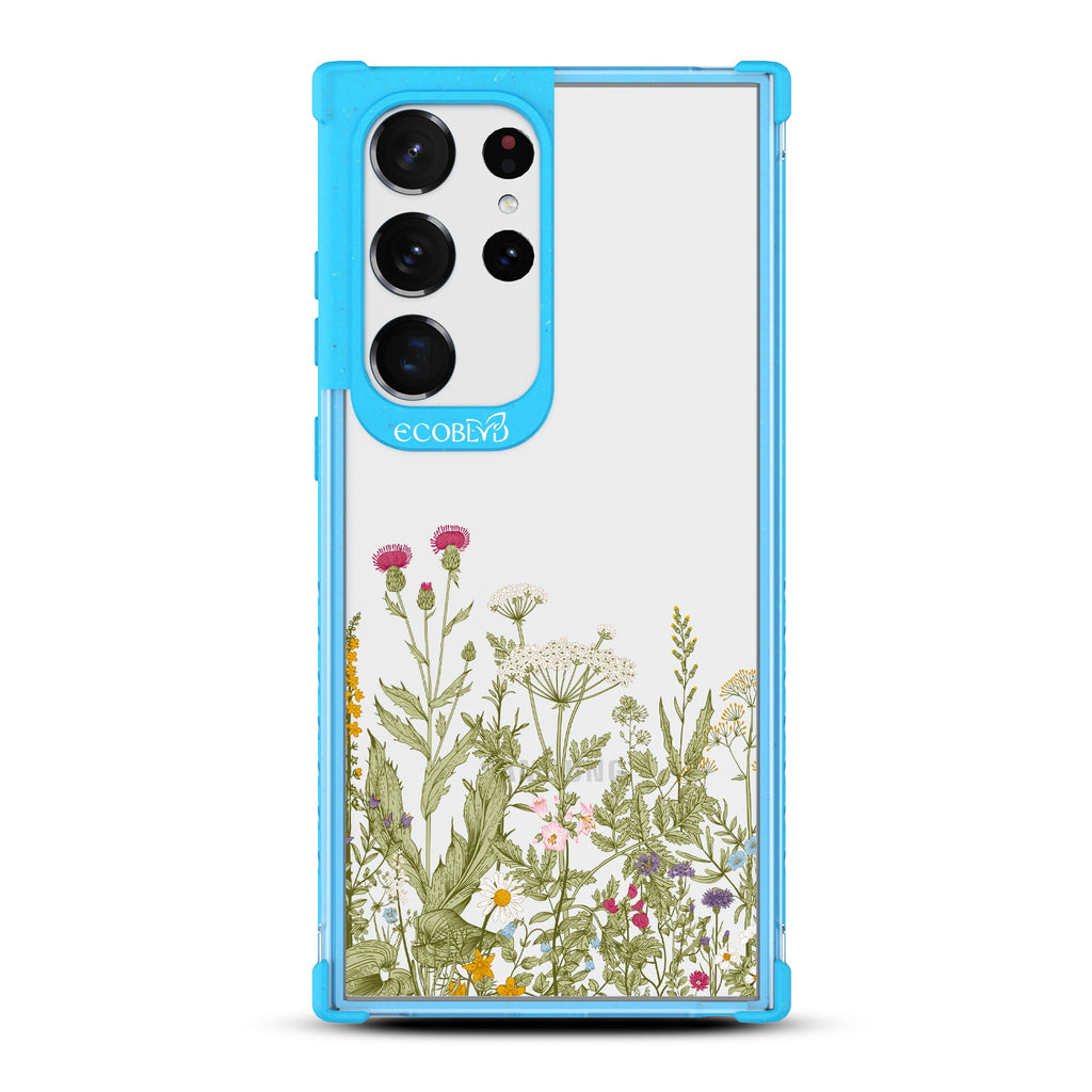  Take Root - Blue Eco-Friendly Galaxy S23 Ultra Case With A Wild Herbs & Flowers Botanical Herbarium On A Clear Back
