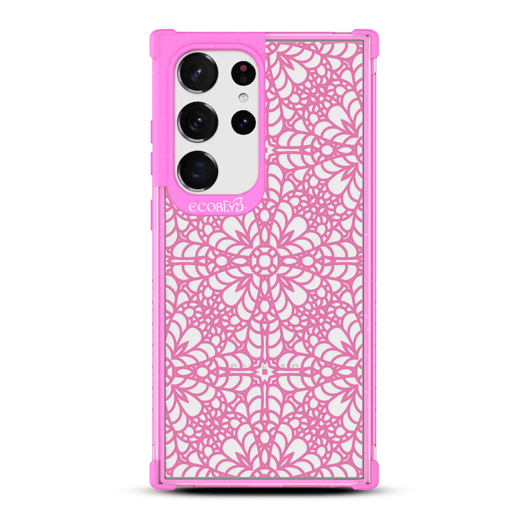 A Lil??????Dainty - Pink Eco-Friendly Galaxy S23 Ultra Case with Chantilly Lace Pattern On A Clear Back