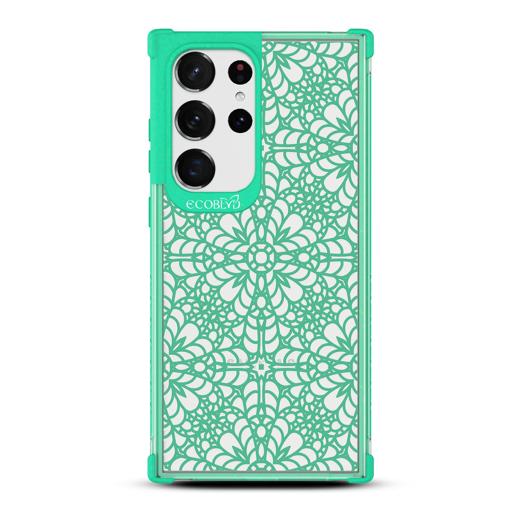 A Lil??????Dainty - Green Eco-Friendly Galaxy S23 Ultra Case with Chantilly Lace Pattern On A Clear Back