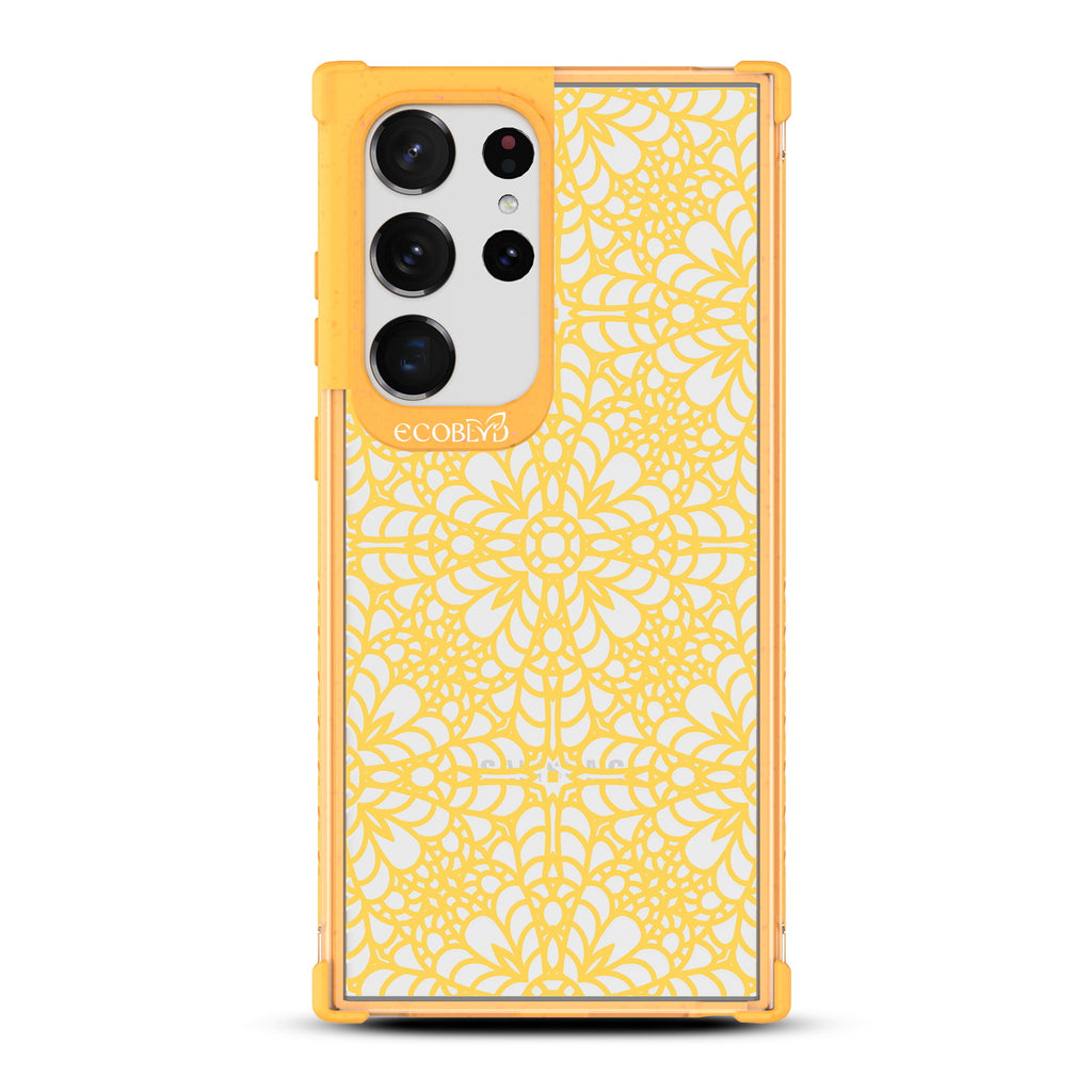 A Lil??????Dainty - Yellow Eco-Friendly Galaxy S23 Ultra Case with Chantilly Lace Pattern On A Clear Back