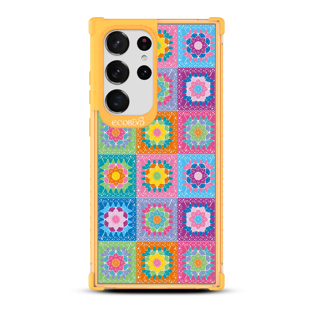 All Squared Away - Yellow Eco-Friendly Galaxy S23 Ultra Case with Colorful Crochet Patchwork Print On A Clear Back