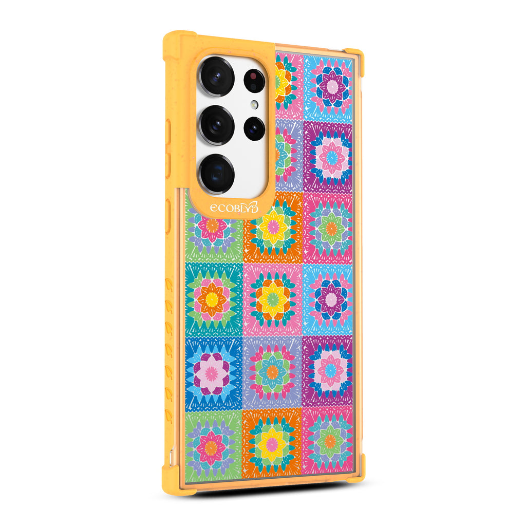 All Squared Away - Yellow Eco-Friendly Galaxy S23 Ultra Case with Colorful Crochet Patchwork Print On A Clear Back