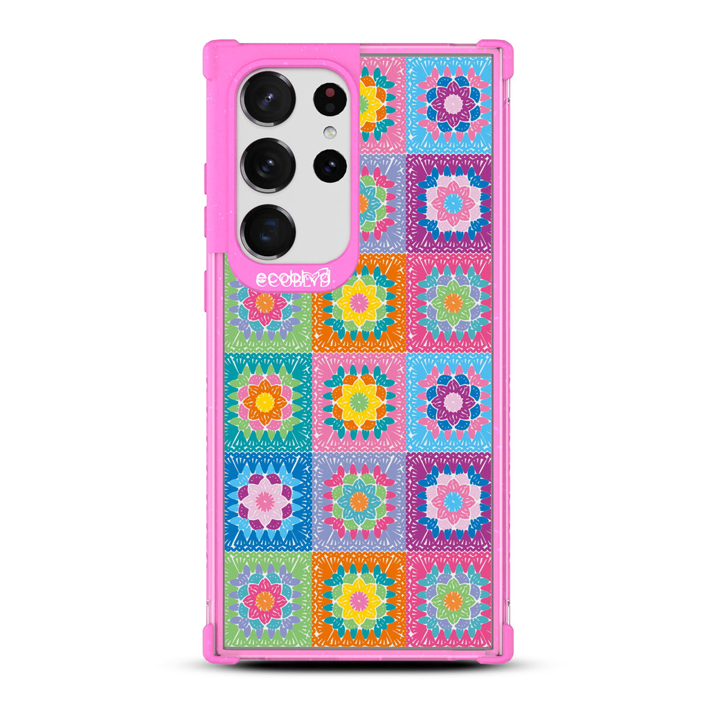 All Squared Away - Pink Eco-Friendly Galaxy S23 Ultra Case with Colorful Crochet Patchwork Print On A Clear Back