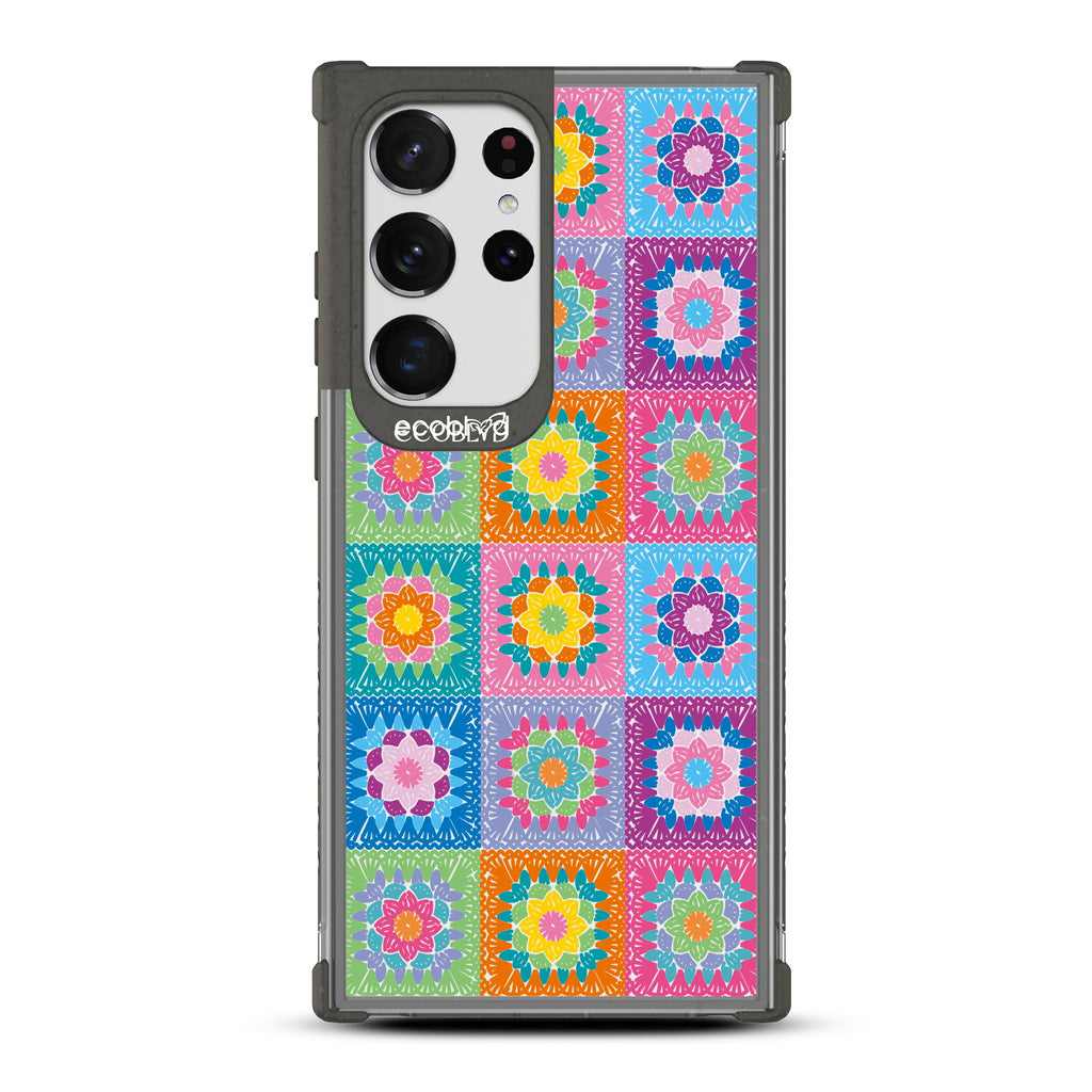 All Squared Away - Black Eco-Friendly Galaxy S23 Ultra Case with Colorful Crochet Patchwork Print On A Clear Back