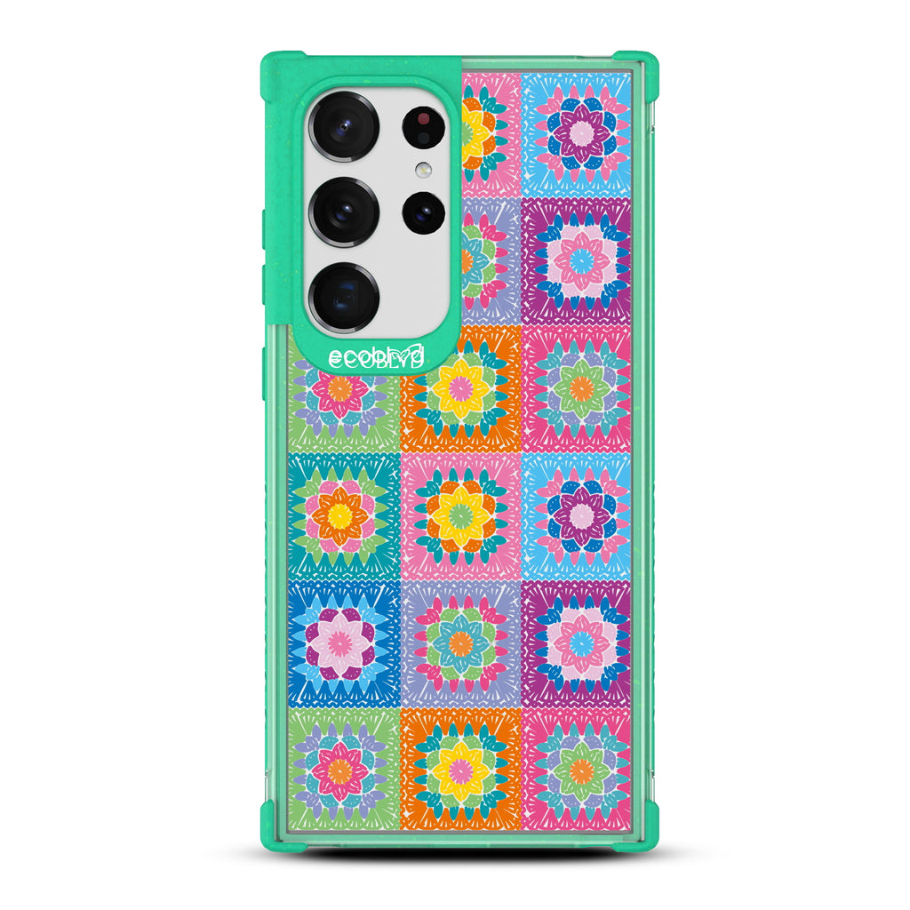 All Squared Away - Green Eco-Friendly Galaxy S23 Ultra Case with Colorful Crochet Patchwork Print On A Clear Back