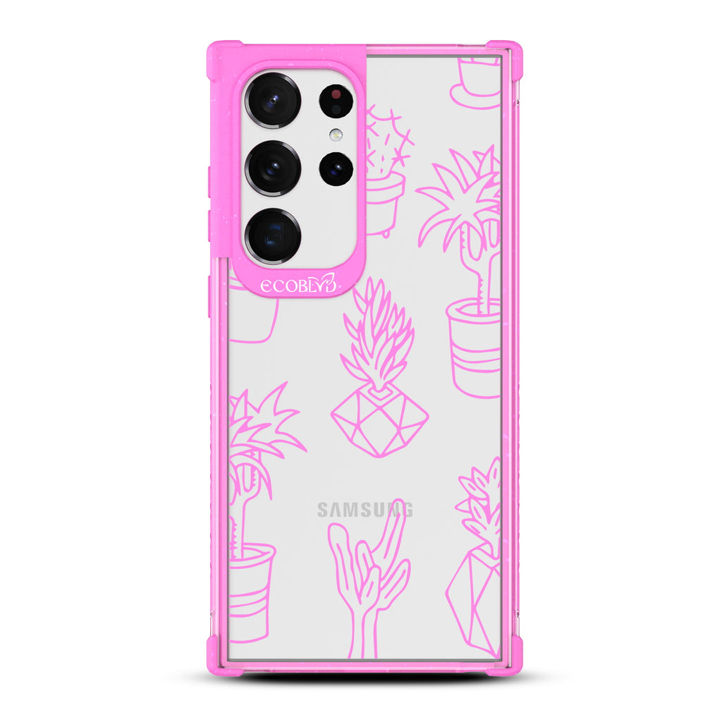 Succulent Garden - Pink Eco-Friendly Galaxy S23 Ultra Case With Line Art Succulent Garden Print On A Clear Back