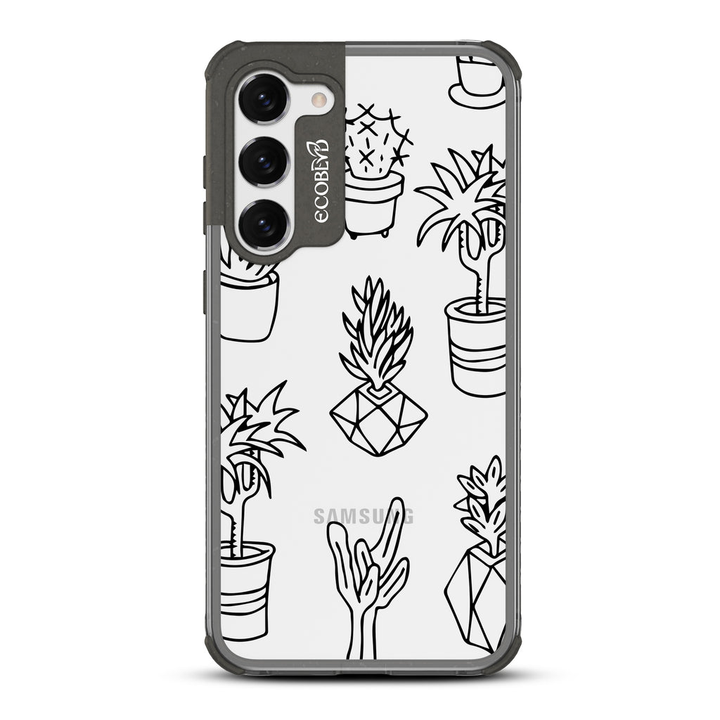 Succulent Garden - Black Eco-Friendly Galaxy S23 Case With Line Art Succulent Garden Print On A Clear Back