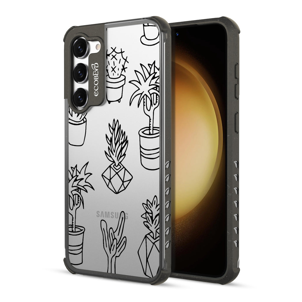 Succulent Garden - Back View Of Black & Clear Eco-Friendly Galaxy S23 Case & A Front View Of The Screen