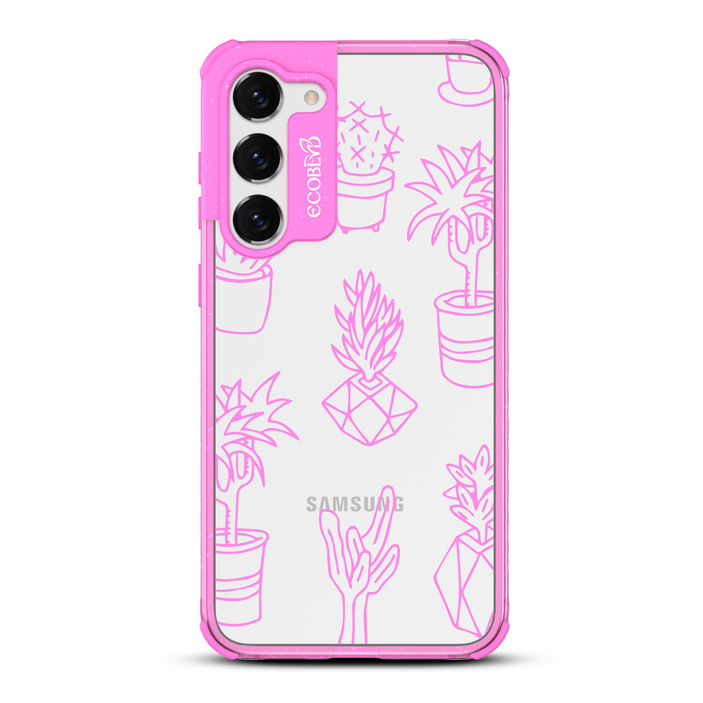 Succulent Garden - Pink Eco-Friendly Galaxy S23 Case With Line Art Succulent Garden Print On A Clear Back