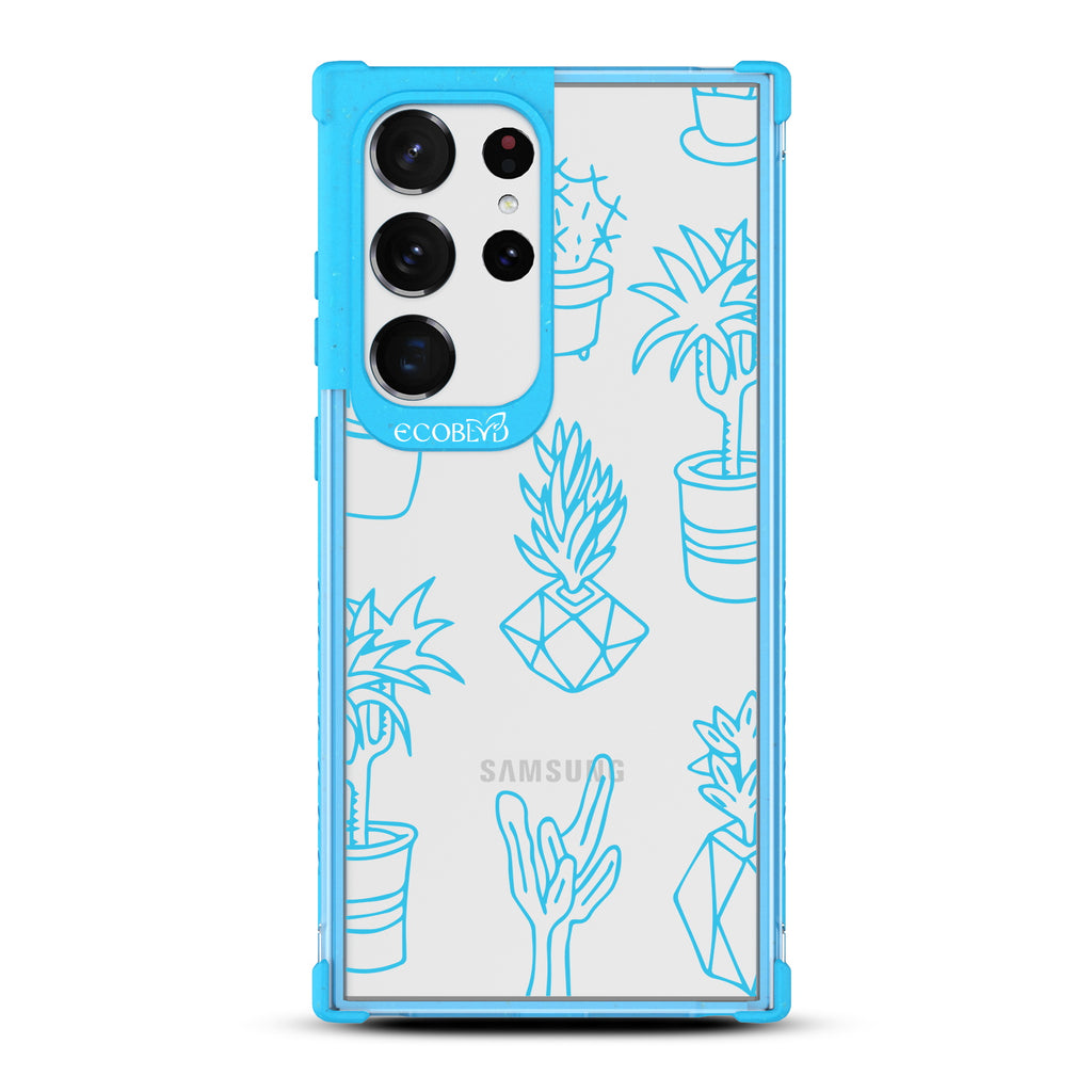 Succulent Garden - Blue Eco-Friendly Galaxy S23 Ultra Case With Line Art Succulent Garden Print On A Clear Back