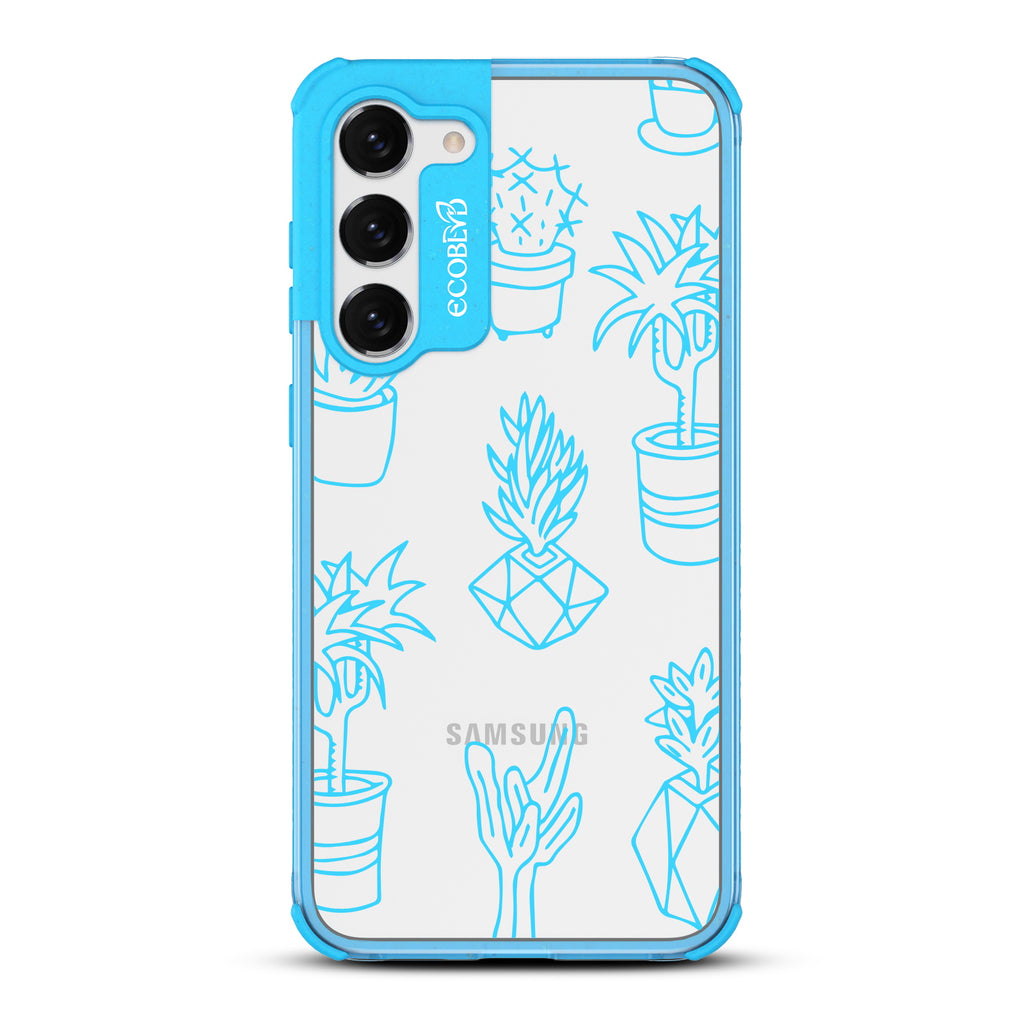 Succulent Garden - Blue Eco-Friendly Galaxy S23 Case With Line Art Succulent Garden Print On A Clear Back
