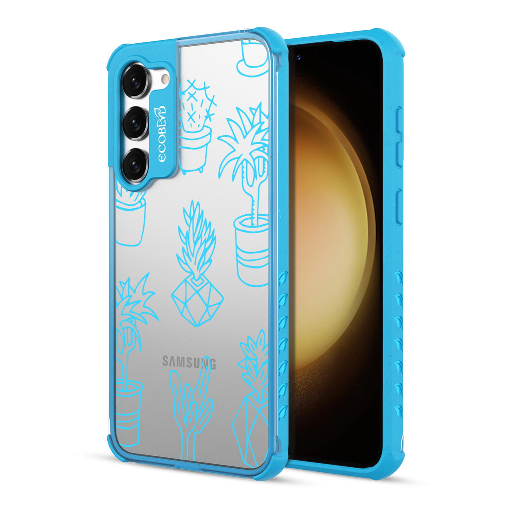 Succulent Garden - Back View Of Blue & Clear Eco-Friendly Galaxy S23 Case & A Front View Of The Screen