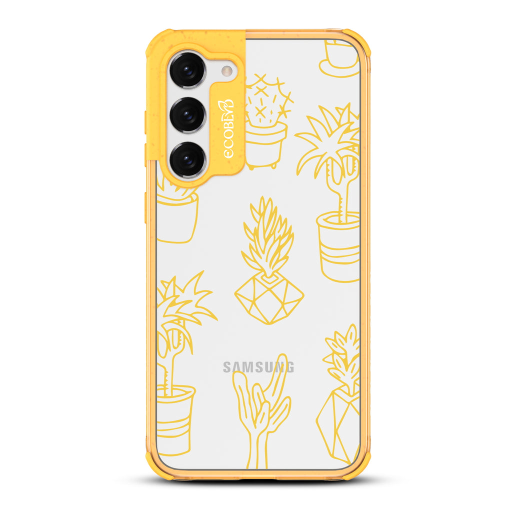 Succulent Garden - Yellow Eco-Friendly Galaxy S23 Case With Line Art Succulent Garden Print On A Clear Back