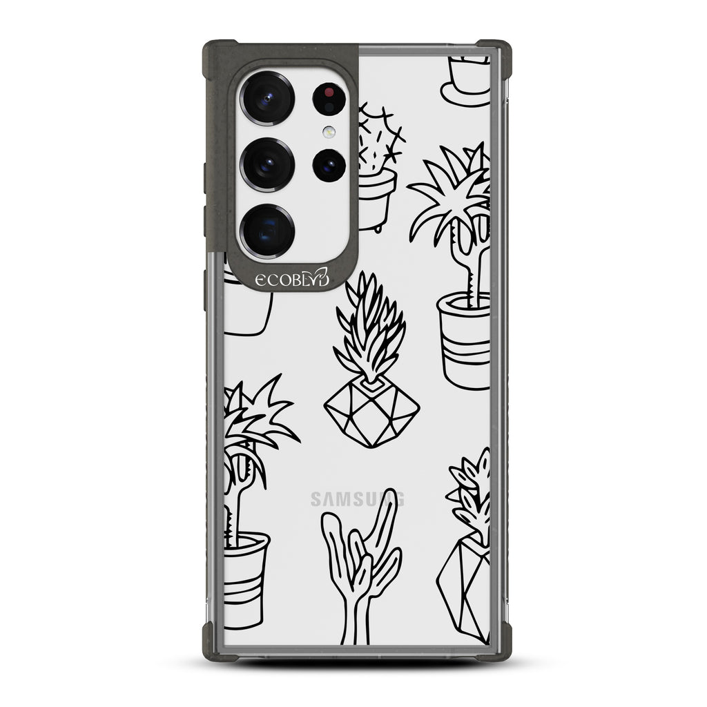 Succulent Garden - Black Eco-Friendly Galaxy S23 Ultra Case With Line Art Succulent Garden Print On A Clear Back