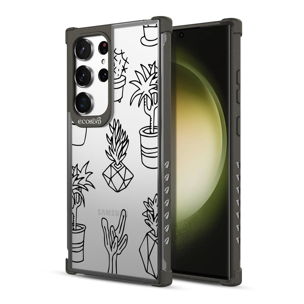 Succulent Garden - Back View Of Black & Clear Eco-Friendly Galaxy S23 Ultra Case & A Front View Of The Screen