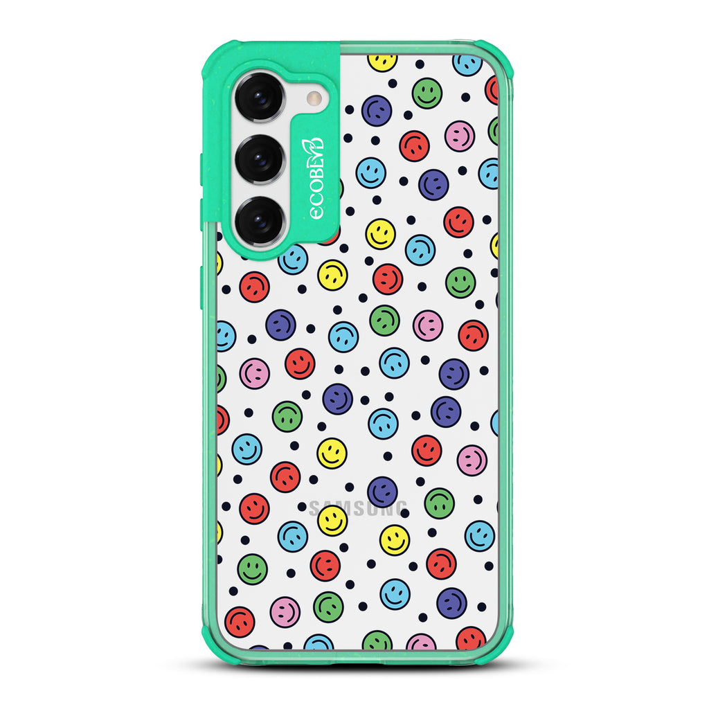 All Smiles - Green Eco-Friendly Galaxy S23 Case with Colorful Smiley Faces + Black Dots On A Clear Back