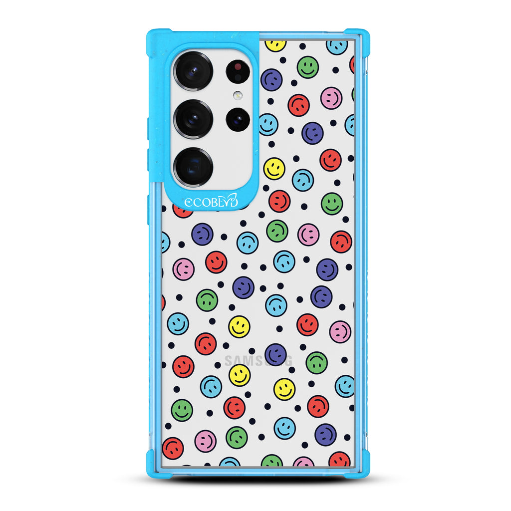 All Smiles - Blue Eco-Friendly Galaxy S23 Ultra Case with Colorful Smiley Faces + Black Dots On A Clear Back