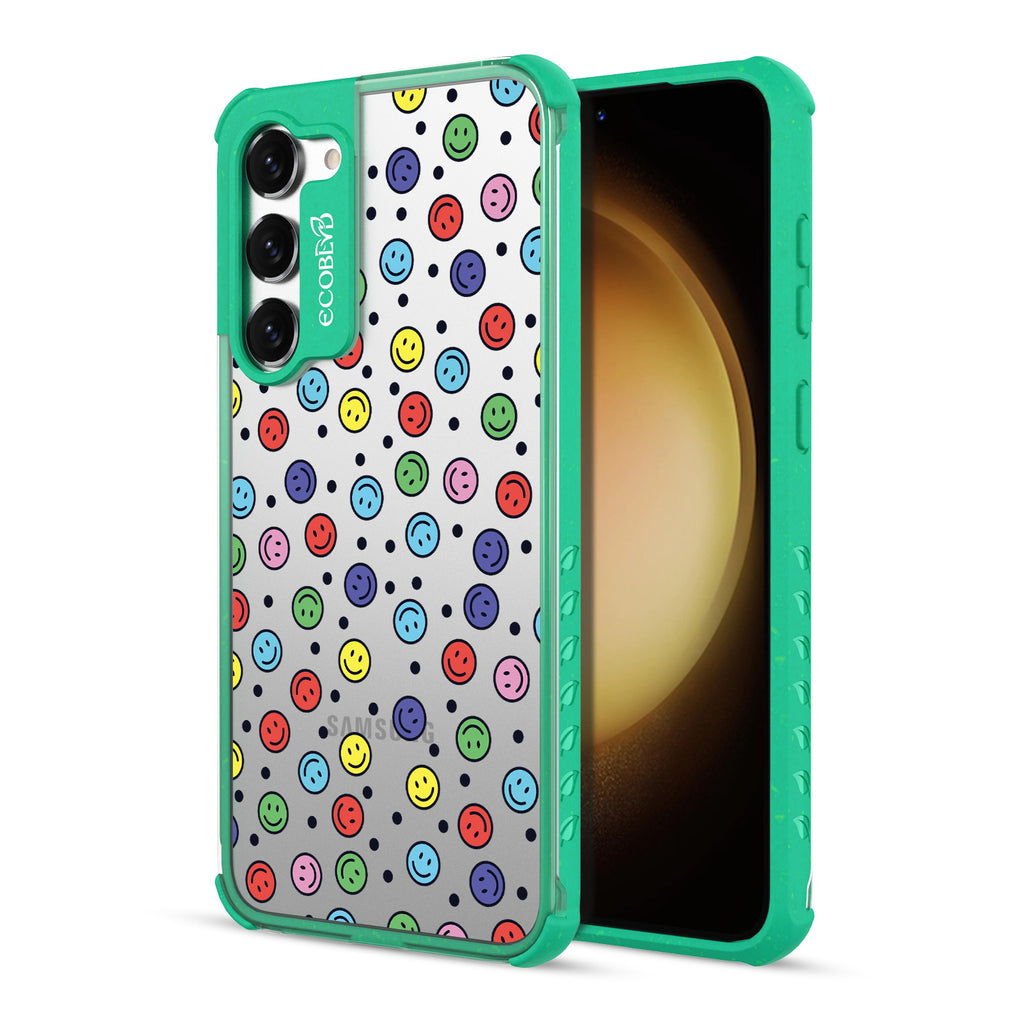 All Smiles - Back View Of Green & Clear Eco-Friendly Galaxy S23 Case & A Front View Of The Screen