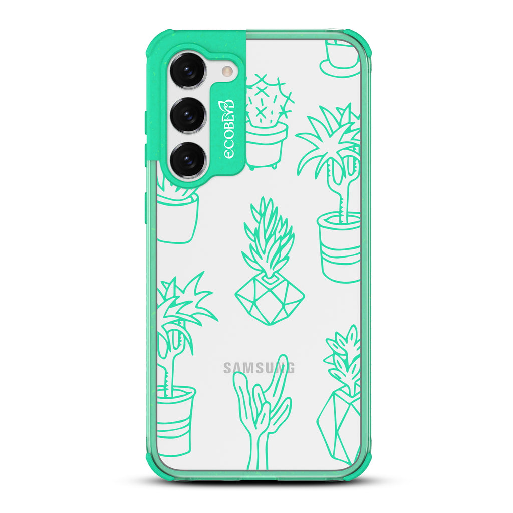 Succulent Garden - Green Eco-Friendly Galaxy S23 Plus Case With Line Art Succulent Garden Print On A Clear Back