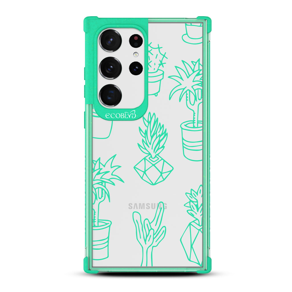 Succulent Garden - Green Eco-Friendly Galaxy S23 Ultra Case With Line Art Succulent Garden Print On A Clear Back