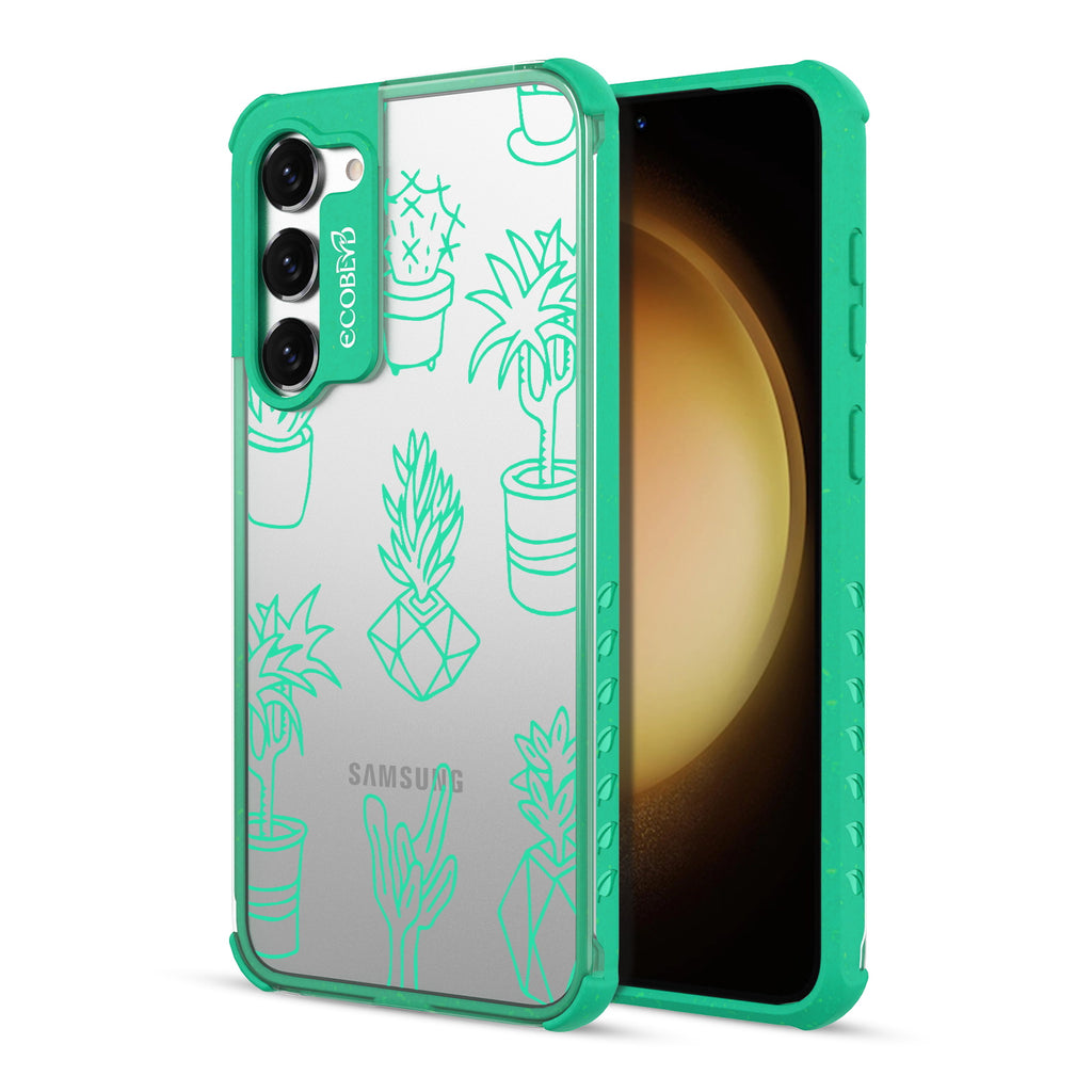 Succulent Garden - Back View Of Green & Clear Eco-Friendly Galaxy S23 Plus Case & A Front View Of The Screen