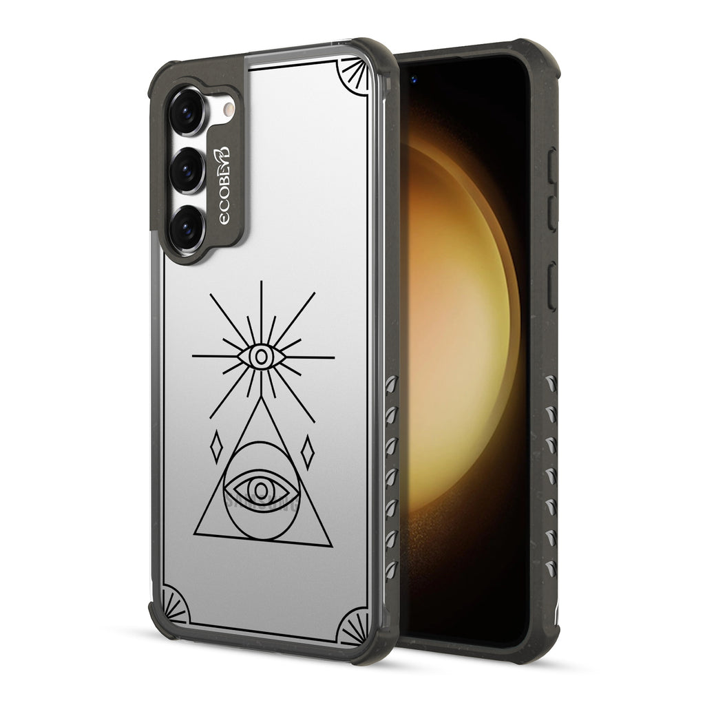 Tarot Card - Back View Of Black & Clear Eco-Friendly Galaxy S23 Case & A Front View Of The Screen