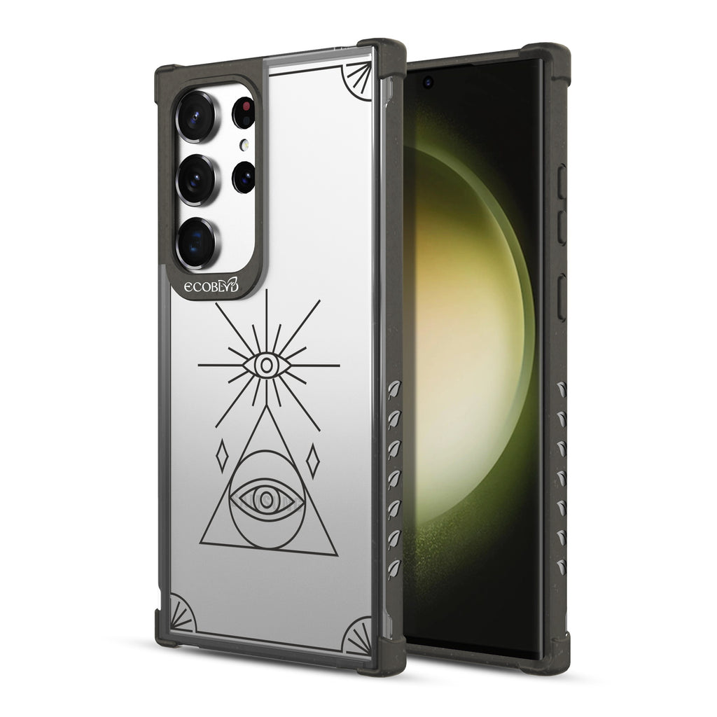 Tarot Card - Back View Of Black & Clear Eco-Friendly Galaxy S23 Ultra Case & A Front View Of The Screen