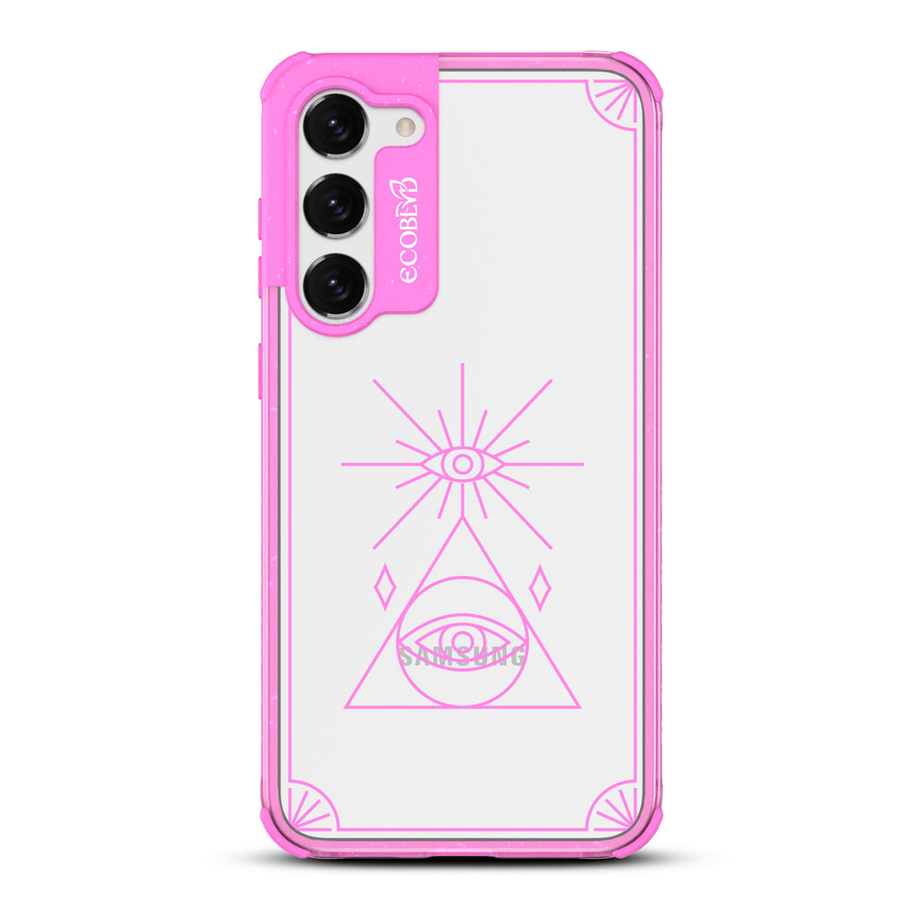 Tarot Card - Pink Eco-Friendly Galaxy S23 Case With An All Seeing Eye Tarot Card On A Clear Back
