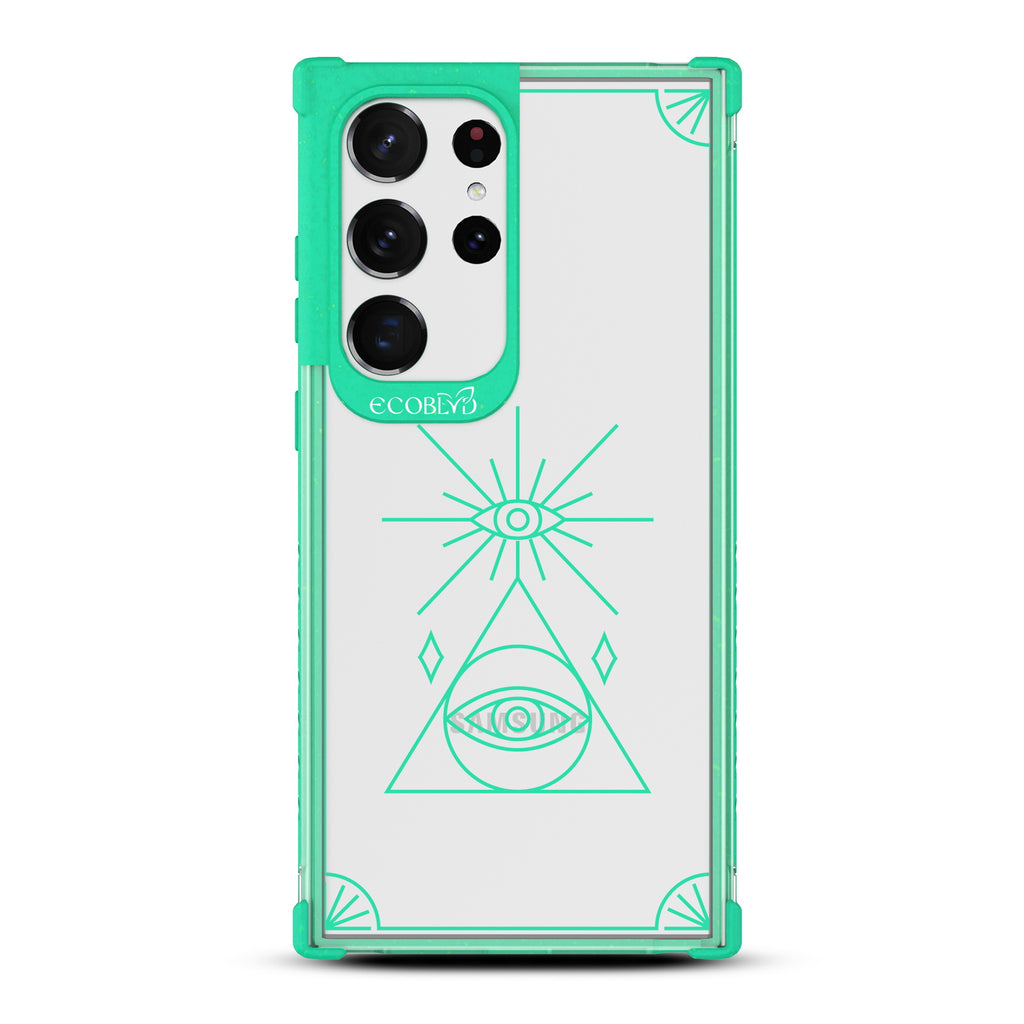 Tarot Card - Green Eco-Friendly Galaxy S23 Ultra Case With An All Seeing Eye Tarot Card On A Clear Back