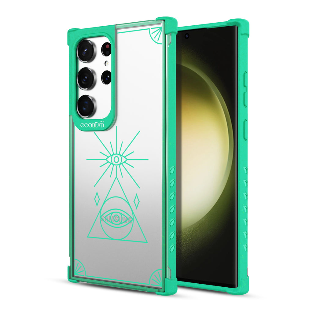 Tarot Card - Back View Of Green & Clear Eco-Friendly Galaxy S23 Ultra Case & A Front View Of The Screen