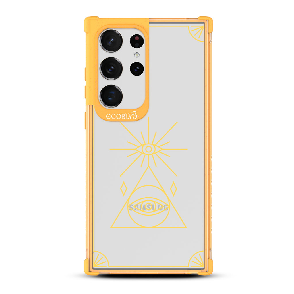 Tarot Card - Yellow Eco-Friendly Galaxy S23 Ultra Case With An All Seeing Eye Tarot Card On A Clear Back