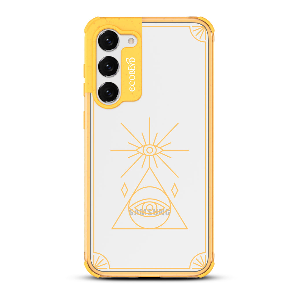 Tarot Card - Yellow Eco-Friendly Galaxy S23 Case With An All Seeing Eye Tarot Card On A Clear Back