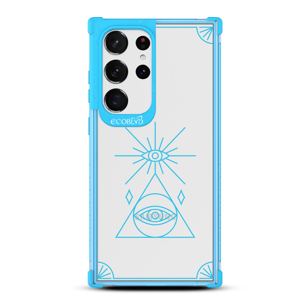 Tarot Card - Blue Eco-Friendly Galaxy S23 Ultra Case With An All Seeing Eye Tarot Card On A Clear Back