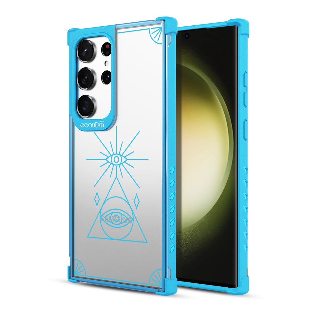 Tarot Card - Back View Of Blue & Clear Eco-Friendly Galaxy S23 Ultra Case & A Front View Of The Screen