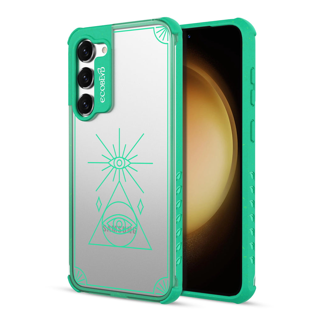 Tarot Card - Back View Of Green & Clear Eco-Friendly Galaxy S23 Case & A Front View Of The Screen