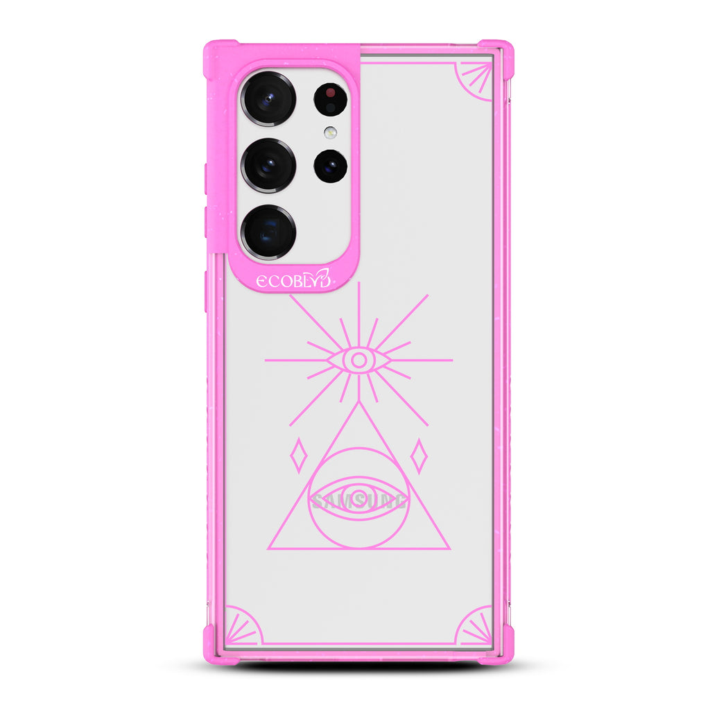Tarot Card - Pink Eco-Friendly Galaxy S23 Ultra Case With An All Seeing Eye Tarot Card On A Clear Back
