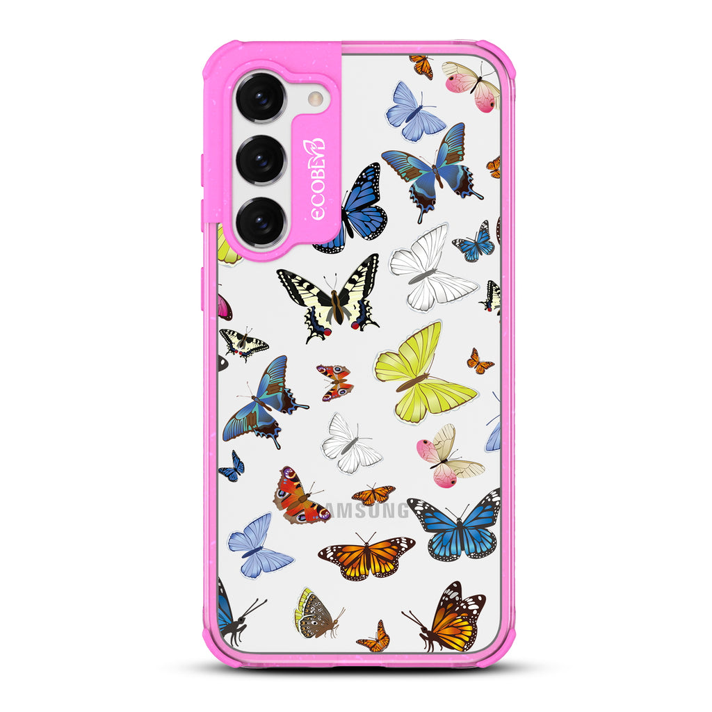 You Give Me Butterflies - Pink Eco-Friendly Galaxy S23 Case With Multicolored Butterflies On A Clear Back