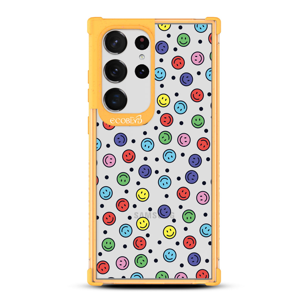All Smiles - Yellow Eco-Friendly Galaxy S23 Ultra Case with Colorful Smiley Faces + Black Dots On A Clear Back