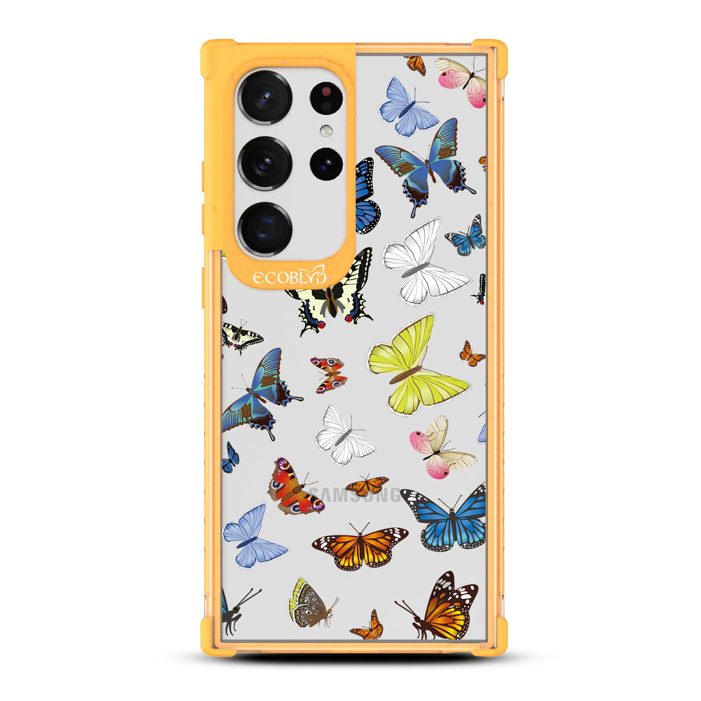 You Give Me Butterflies - Yellow Eco-Friendly Galaxy S23 Ultra Case With  Multicolored Butterflies On A Clear Back