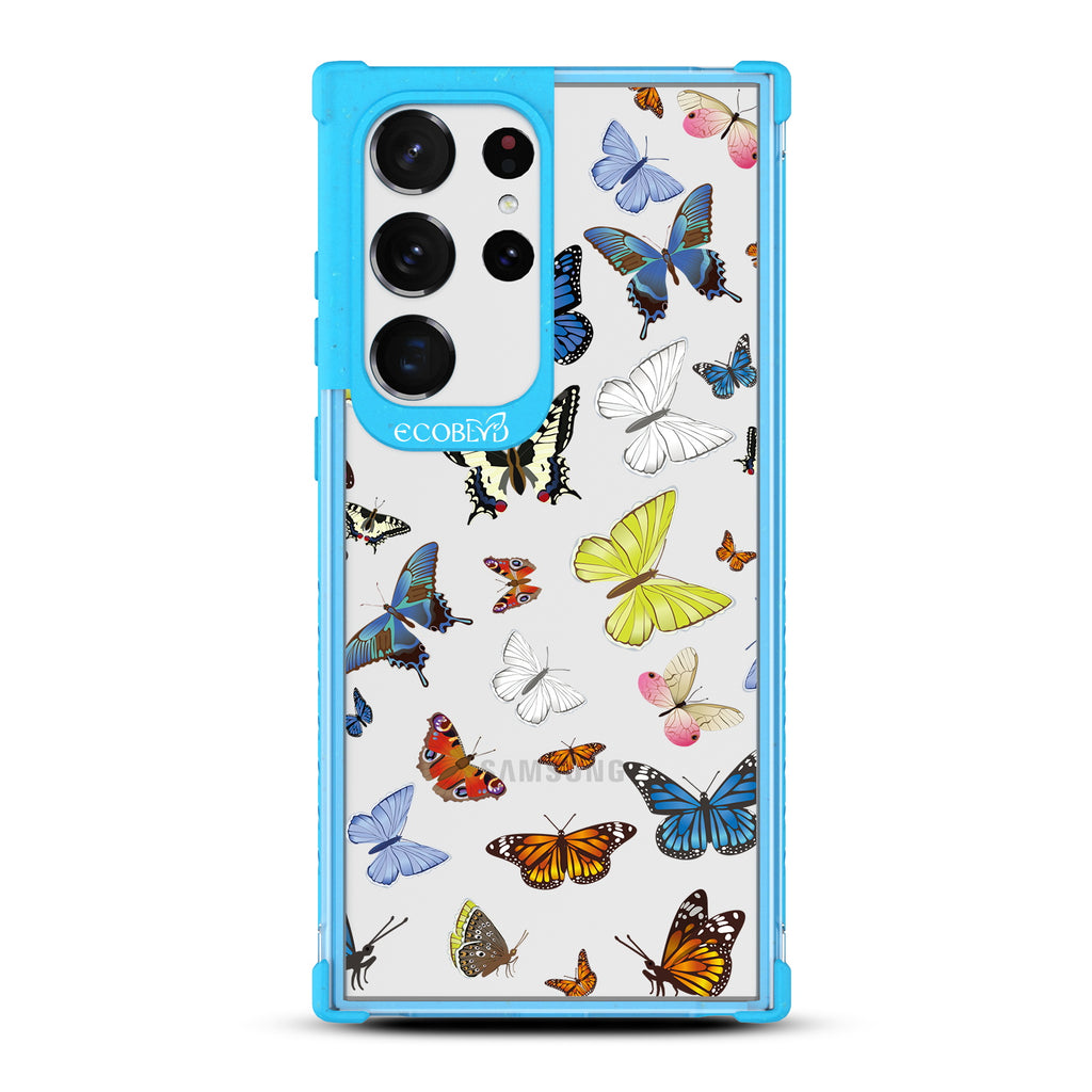 You Give Me Butterflies - Blue Eco-Friendly Galaxy S23 Ultra Case With  Multicolored Butterflies Print On A Clear Back