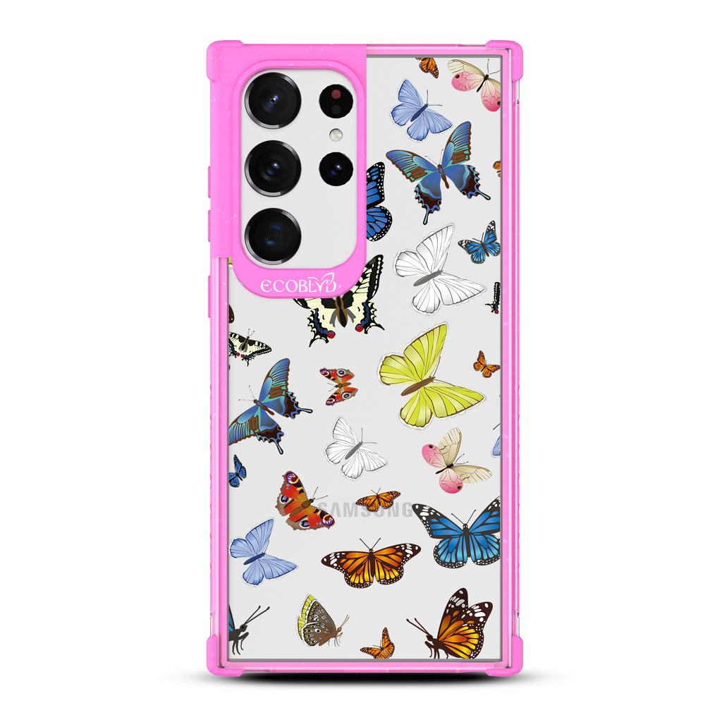 You Give Me Butterflies - Pink Eco-Friendly Galaxy S23 Ultra Case With Multicolored Butterflies On A Clear Back