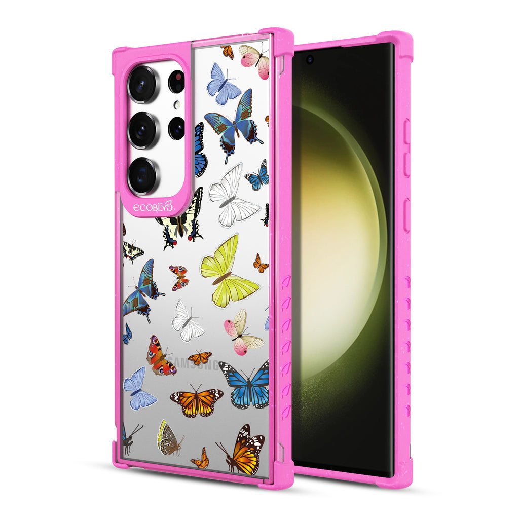 You Give Me Butterflies - Back View Of Pink & Clear Eco-Friendly Galaxy S23 Ultra Case & A Front View Of The Screen