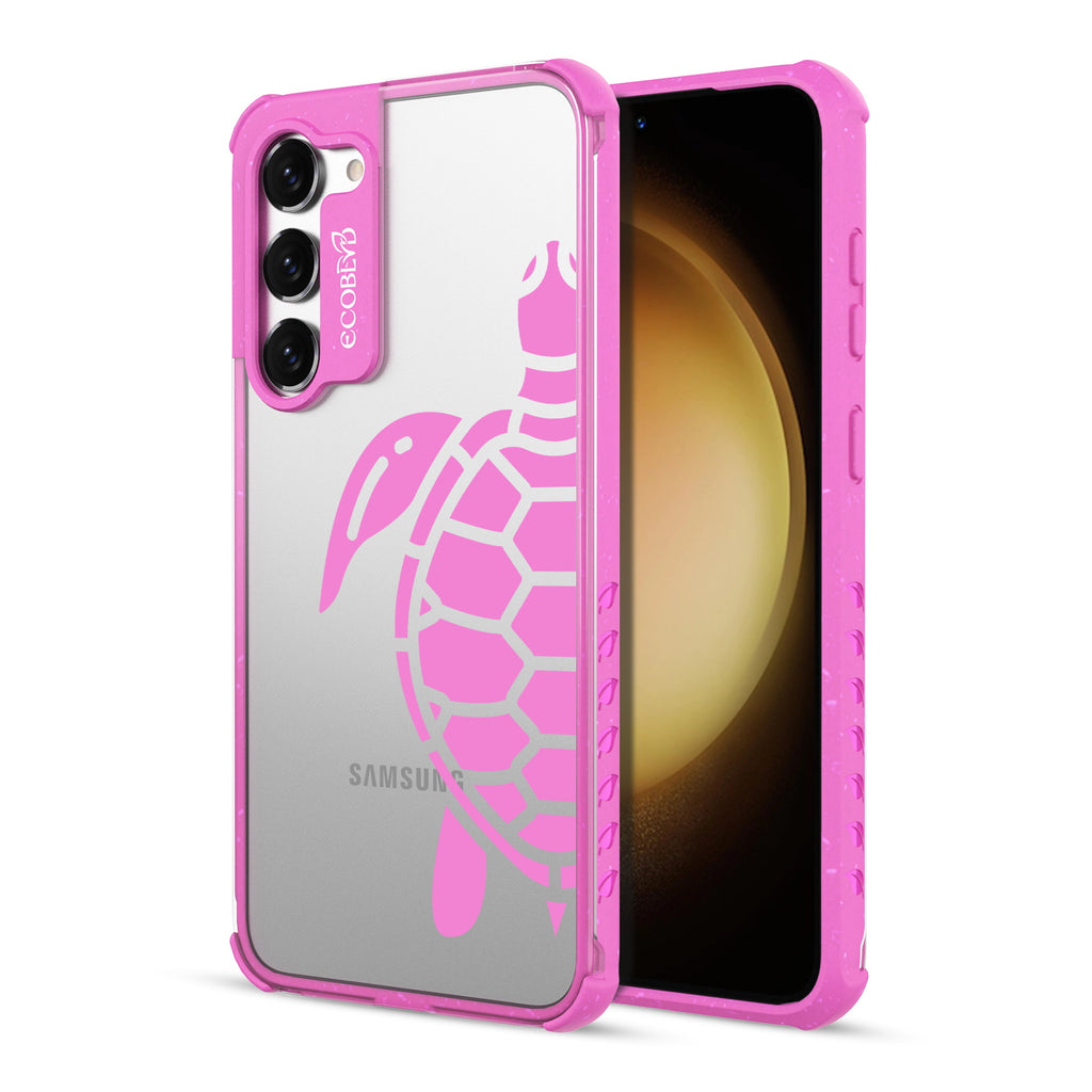 Sea Turtle - Back View Of Pink & Clear Eco-Friendly Galaxy S23 Case & A Front View Of The Screen