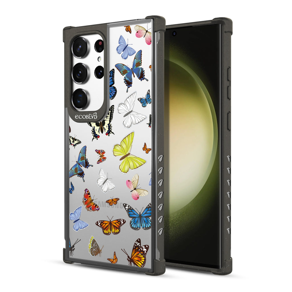 You Give Me Butterflies - Back View Of Black & Clear Eco-Friendly Galaxy S23 Ultra Case & A Front View Of The Screen