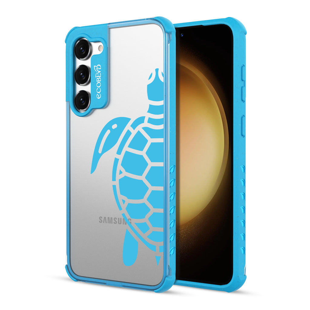 Sea Turtle - Back View Of Blue & Clear Eco-Friendly Galaxy S23 Plus Case & A Front View Of The Screen