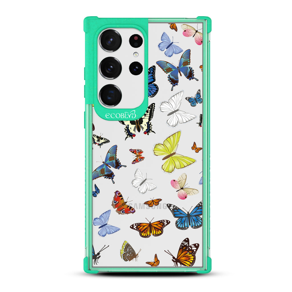 You Give Me Butterflies - Green Eco-Friendly Galaxy S23 Ultra Case With Multicolored Butterflies On A Clear Back