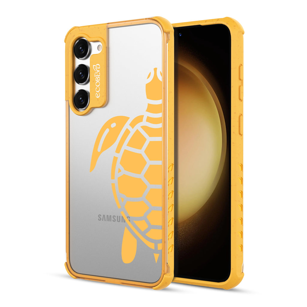 Sea Turtle - Back View Of Yellow & Clear Eco-Friendly Galaxy S23 Plus Case & A Front View Of The Screen