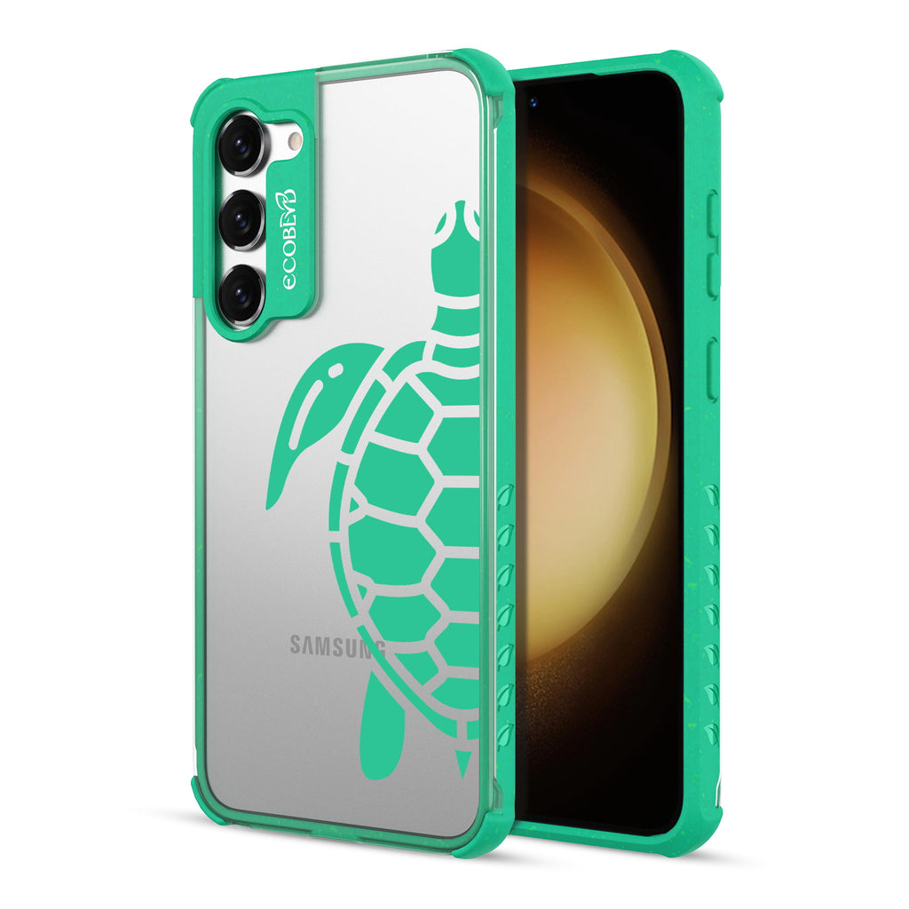 Sea Turtle - Back View Of Green & Clear Eco-Friendly Galaxy S23 Case & A Front View Of The Screen